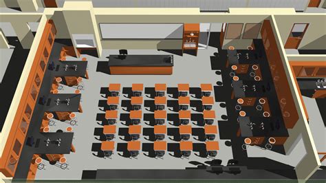 an overhead view of a conference room with tables and desks in orange, black and white colors