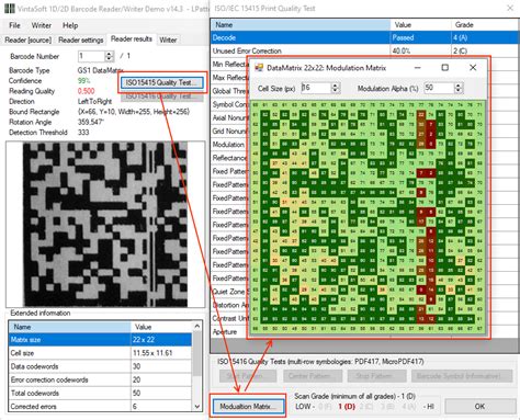 Detect printing defects in 2D barcode using the modulation matrix of ISO15415 barcode print ...