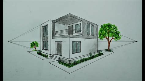 a drawing of a two story house with trees and bushes in the front, on a white background