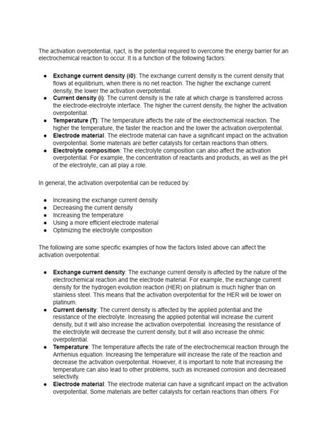 Factors Affecting The Activation Overpotential | PDF | Chemical ...