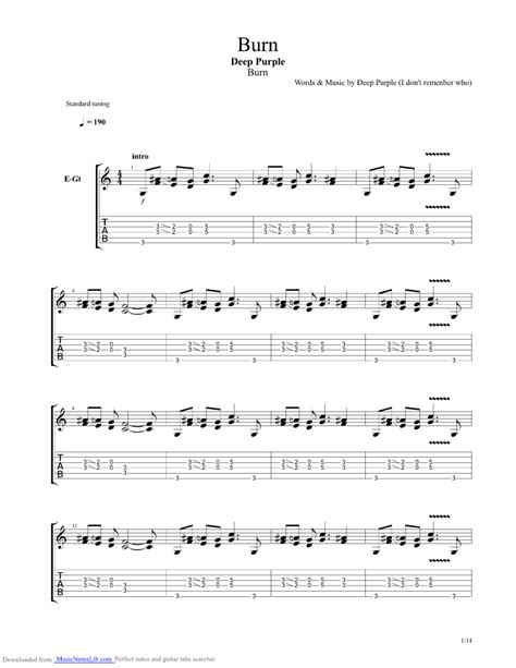 Burn guitar pro tab by Deep Purple @ musicnoteslib.com