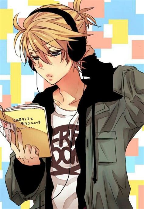 Anime boy, reading, book, listening, text, music, headphones, cool ...