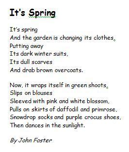 It's Spring by John Foster. Identify examples of personification. What ...