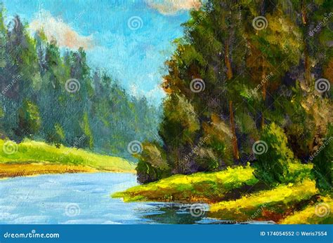 Beautiful River Landscape Acrylic Painting. Russian Forest Summer ...