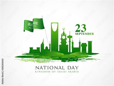 Illustration of Saudi Arabia National wavy Flag with Famous Monuments for 23rd September ...