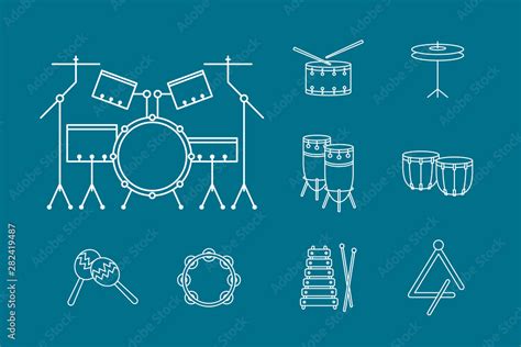 Percussion music instruments Icons set - Vector outline symbols of drum ...