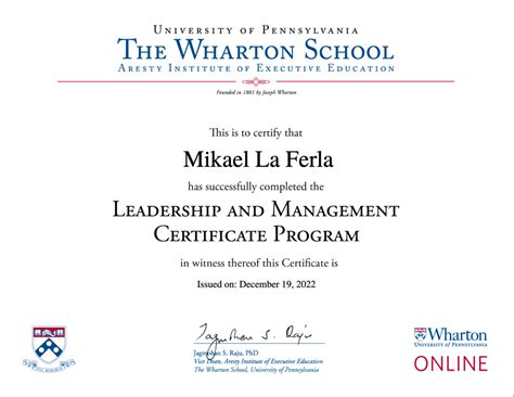 Leadership and Management Certificate from The Wharton School – Mikael ...