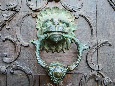 doorknocker, old, door, lion head, input, goal, entrance door, door ...