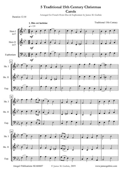 5 Traditional 15th Century Christmas Carols for French Horn Duo & Euphonium (arr. James M ...