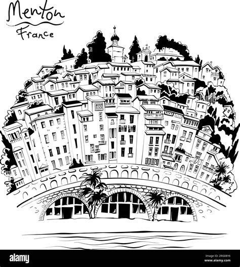 Vector hand drawing. Typical Provencal houses in Menton, Provence ...