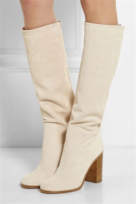 Brand New Fashion High Quality Beige Color Suede Leather Knee High Chunky Heels Boots Women Long ...