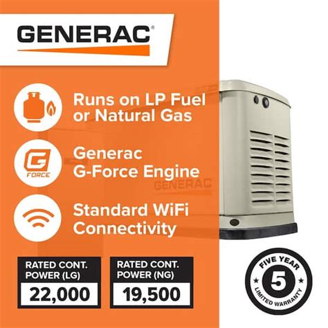 Generac Guardian 22,000-Watt (LP)/19,500-Watt (NG) Air-Cooled Whole House Generator With Wi-Fi ...