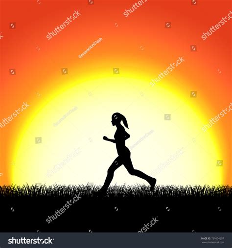 Sunset Background Running Woman Black Silhouette Stock Illustration ...