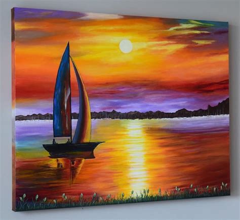 Boat painting Sunset painting with crochet tiny grass weeds. | Etsy