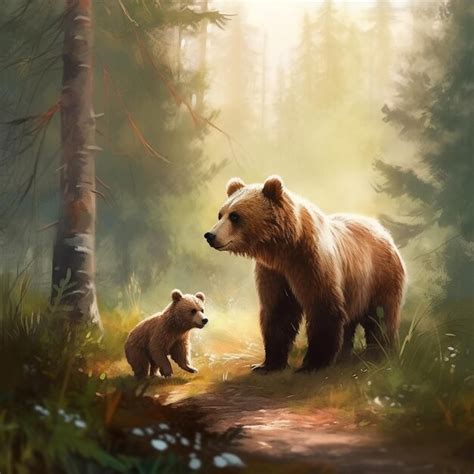 Premium AI Image | a painting of a bear and cub in the woods.