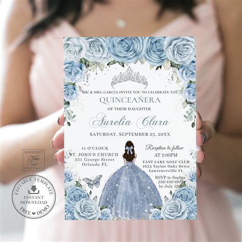 Baby Blue Floral Silver Quinceañera Invitation Printable - Etsy