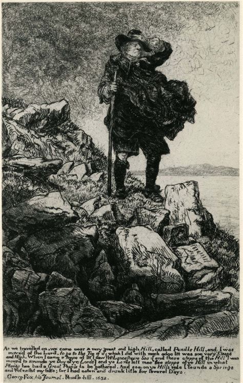 an old drawing of a man standing on rocks