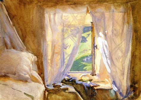 a painting of a bed in front of a window