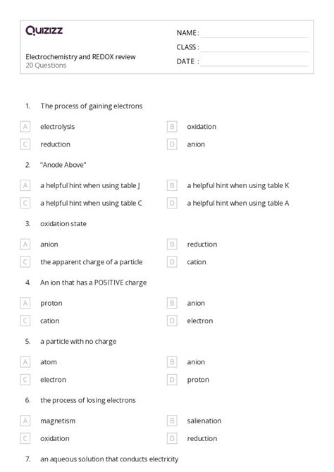 50+ redox reactions and electrochemistry worksheets for 9th Grade on Quizizz | Free & Printable