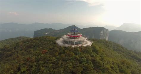 Beautiful Aerial Shot Of Oriental Tianmen Shan Temple On Top Of Tianmen ...