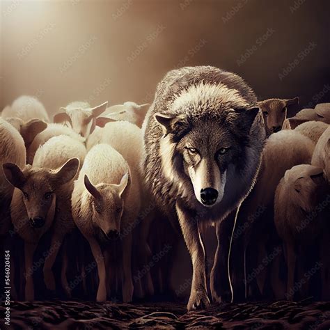 Wolf in sheep's clothing in the herd of sheeps. Ai generated illustration Stock Illustration ...