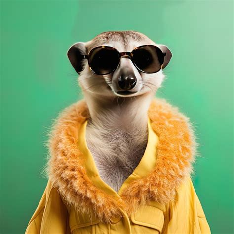 Premium Photo | A funny meerkat wears a yellow raincoat with a fur collar.