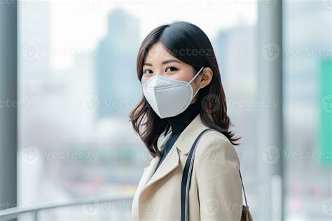 AI generated woman wearing face mask protect filter against air ...