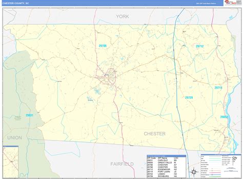 Chester County, SC Zip Code Wall Map Basic Style by MarketMAPS - MapSales.com