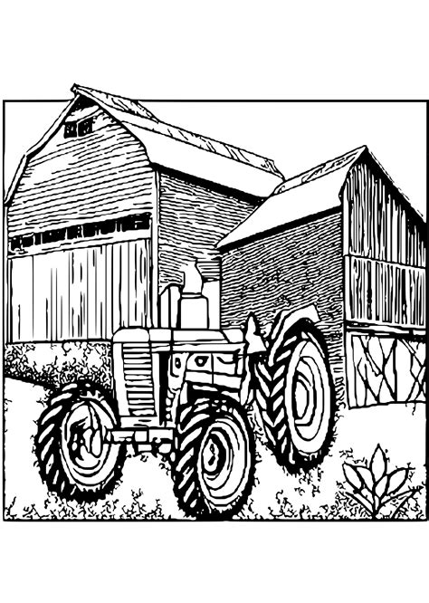 Adult Coloring Book Page Old Tractor with Barn · Creative Fabrica