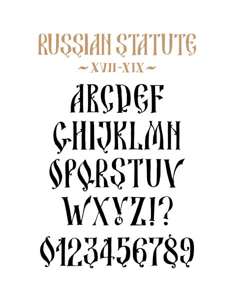 The alphabet of the Old Russian font. Inscription in Russian and English. Russian style 17-19 ...