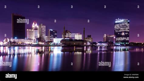 A panoramic view of downtown Toledo Ohio's skyline at night from across ...