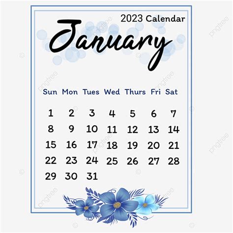 Calendar 2023 January Hd Transparent, January 2023 Calendar With Blue Flower, Calendar Clipart ...