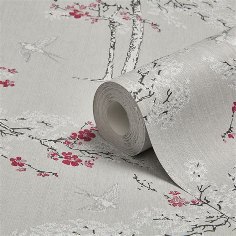 Colours Blossoming Grey & purple Foliage & bird Wallpaper | Departments | DIY at B&Q