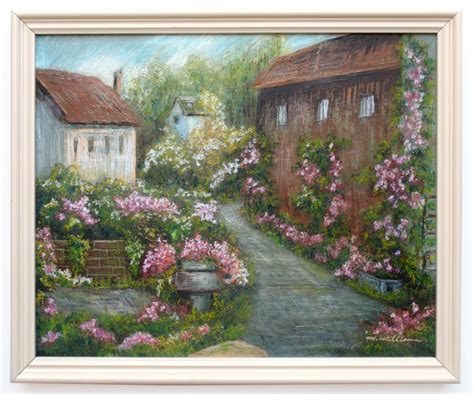 Rose Garden Landscape Oil and pastel Painting Framed Signed Country co – GalleryThane