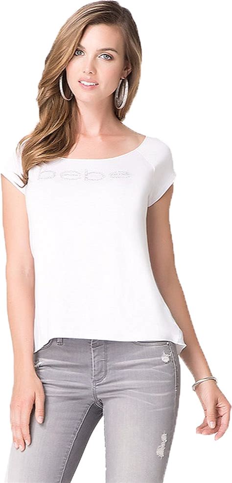 Bebe Tee T Shirt Top Logo LOGO CHIFFON BACK HI-LO 251266 (XS): Amazon ...