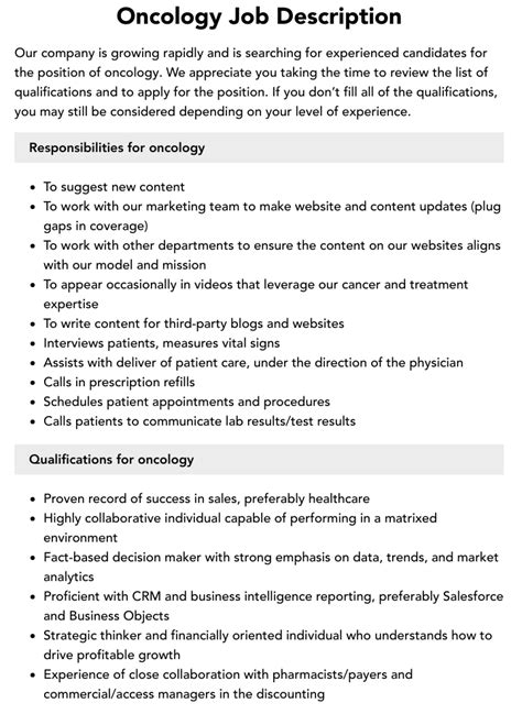 Oncology Job Description | Velvet Jobs