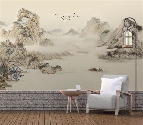 Chinoiserie Wallpaper Beige Wallpaper Mountain Wallpaper - Etsy UK