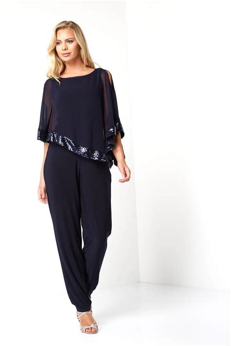 Sequin Trim Overlay Jumpsuit in Navy - Roman Originals UK