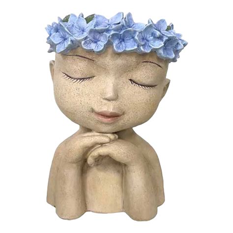 Hydrangea Flower Girl Head Planter Blue | Angel Statue For Garden