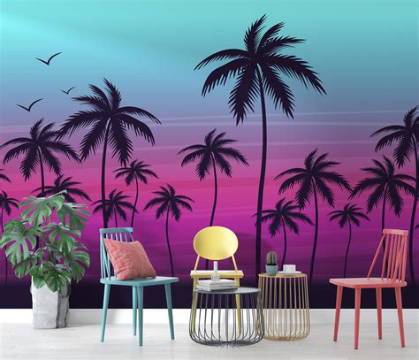 Miami Tropical Palm Tree Illustration Vice Color Sunset Wall Mural. Bright Miami Vice Blue and ...