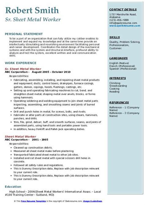 Sheet Metal Worker Resume Example