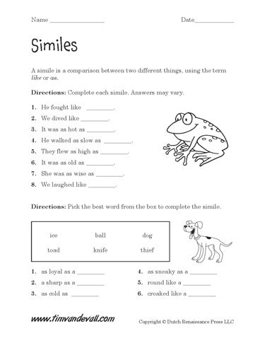 Printable Simile Worksheets | Language Arts PDFs