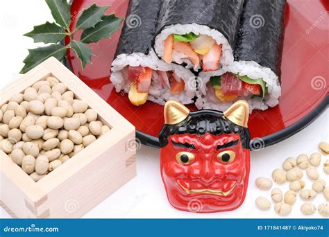 Japanese Setsubun Event, Masks Of Demon And Sushi Royalty-Free Stock ...