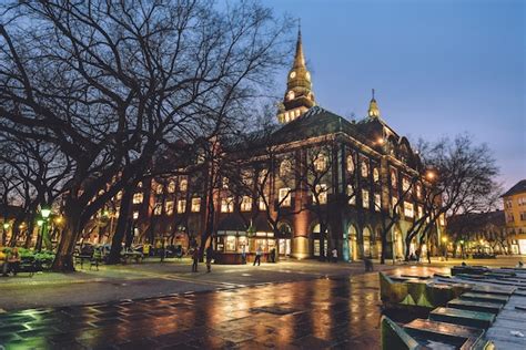 Premium Photo | Subotica city hall building by evening illumination