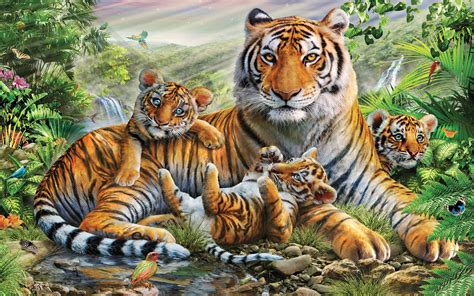 Jungle Animal Tiger With Her Cubs Abstract Wallpaper Hd 1920x1200 ...