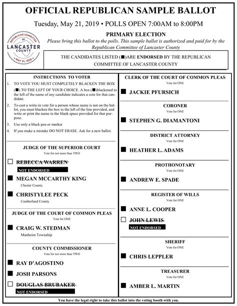 Sample Ballot for the Primary Election Tomorrow! | Lancaster Republicans