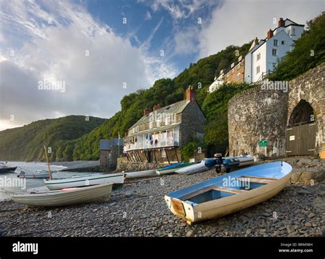 High tide in the old fishing village of Clovelly, North Devon, England ...