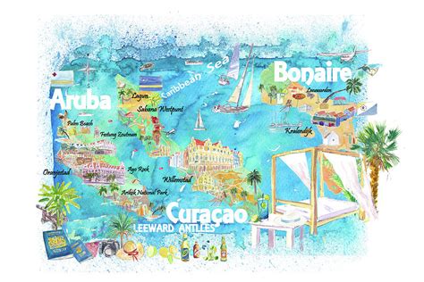 Aruba Bonaire Curacao Illustrated Islands Travel Map with Roads and ...