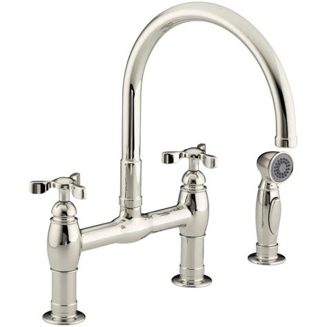 KOHLER Parq 2-Handle Bridge Kitchen Faucet with Side Sprayer in Vibrant Polished Nickel-K-6131-3 ...