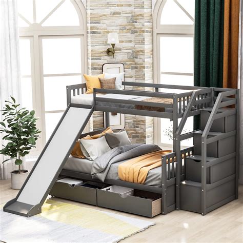 Buy Twin Over Full bunk Bed, Solid Wood Bunk Bed Frame with 3 Storage Grids and Slide, Can be ...